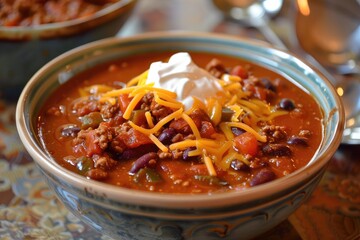 A hearty bowl of chili topped with cheese and sour cream, perfect for a cold day. - obrazy, fototapety, plakaty