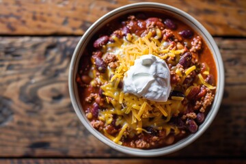 A hearty bowl of chili topped with cheese and sour cream, perfect for a cold day.