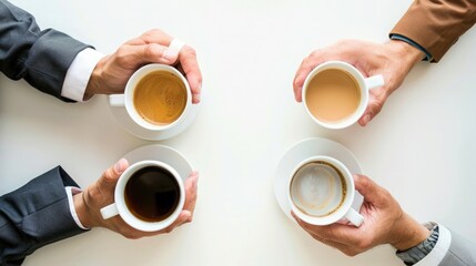 A group of corporate professionals, having a discussion, with coffee cups in hand, on a white background.