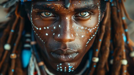 Tribal Man with Traditional Face Paint and Hairstyle - obrazy, fototapety, plakaty