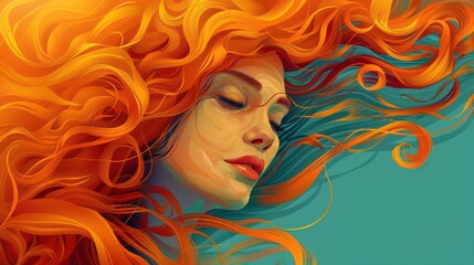 A painting of a beautiful woman with colorful wavy and loose hair with a serenity and elegance colorful concept.