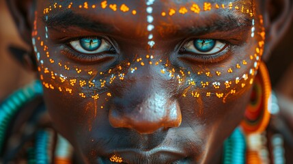 Close-up of African Man with Traditional Face Paint and Beaded Necklace