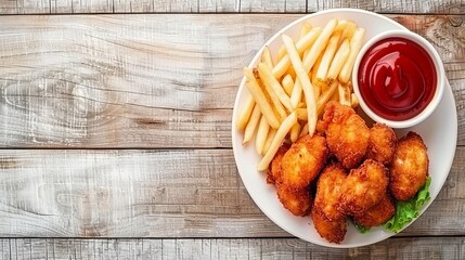 Top view of traditional chicken nuggets and french fries on wooden table with space for text - obrazy, fototapety, plakaty