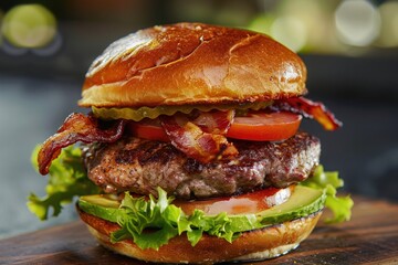 A gourmet burger with avocado, bacon, lettuce, and tomato on a ciabatta bun. - obrazy, fototapety, plakaty