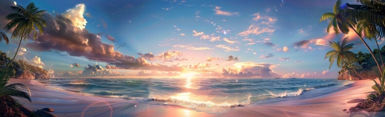 Paradise beach with palm trees and calm ocean at dawn or sunset. Panoramic banner of a peaceful...