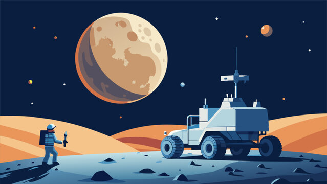In a stunning display of technology and human achievement a lunar rover traverses the rugged terrain of the moon capturing images and data that