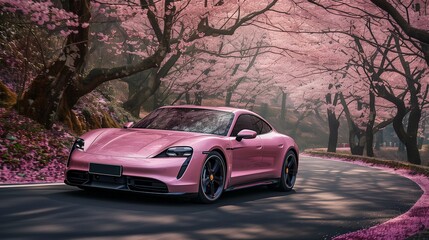 Pink Sports Car on Road Surrounded by Cherry Blossoms