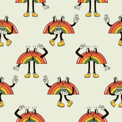 A seamless pattern with a funny and cute rainbow character in a groovy style vector illustration