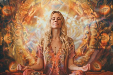Obraz na płótnie Canvas Woman in meditation, having a mystical emotion, practicing yoga in lotus posture.
