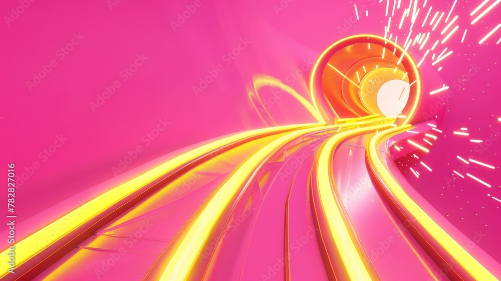 Poster yellow clock-like portal in the form of pink-bottom pill and time-clock pink road, half of it comes 