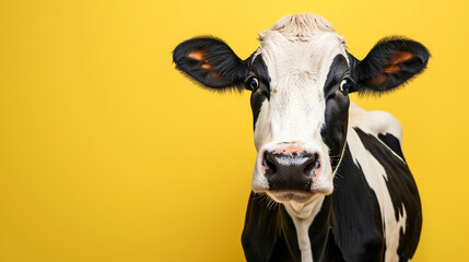 Studio portrait of surprised cow, isolated on yellow background