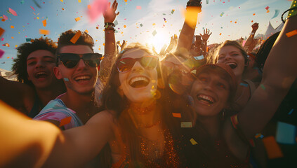 Excited young on summer festival having fun with confetti outdoor and taking a selfie