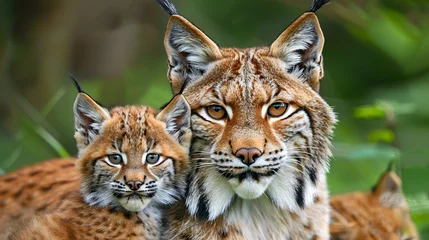Fotobehang Male lynx and lynx cub portrait with spacious area on the left side for adding text © Andrei