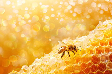 close up of bee on the honeycomb - obrazy, fototapety, plakaty