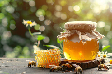 glass jar of honey and bees over summer garden background