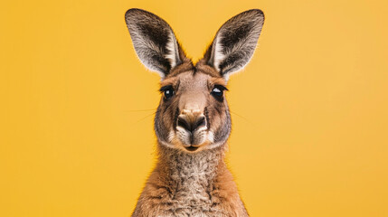 Studio portrait of surprised kangaroo, isolated on yellow background - obrazy, fototapety, plakaty