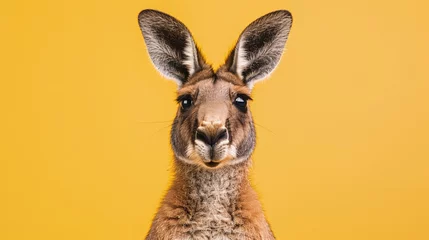 Raamstickers Studio portrait of surprised kangaroo, isolated on yellow background © Alexander