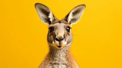 Rolgordijnen Studio portrait of surprised kangaroo, isolated on yellow background © Alexander