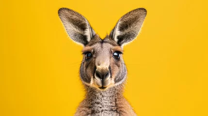 Rolgordijnen Studio portrait of surprised kangaroo, isolated on yellow background © Alexander