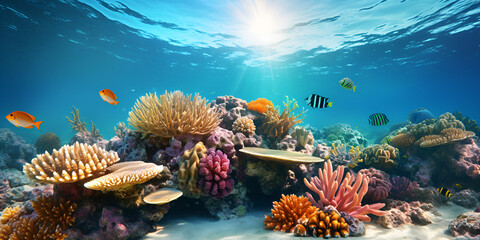 Fototapeta na wymiar Underwater view of the coral reef Life in tropical waters, Captivating underwater world on the island of Bonaire Caribbean
