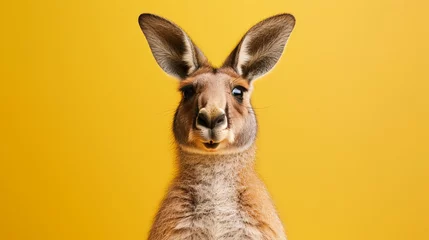 Raamstickers Studio portrait of surprised kangaroo, isolated on yellow background © Alexander