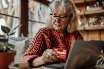 online shopping concept, elderly woman using laptop and paying with credit card