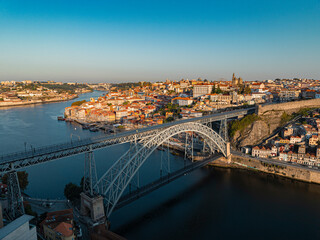 Naklejka premium Aerial view of the city porto at sunrise.