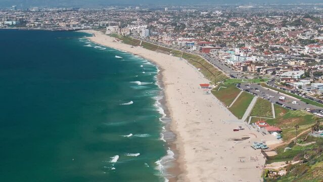 Redondo Beach high aerial view across beaches with Los Angeles in distance