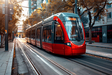 modern red tram on the city street - obrazy, fototapety, plakaty