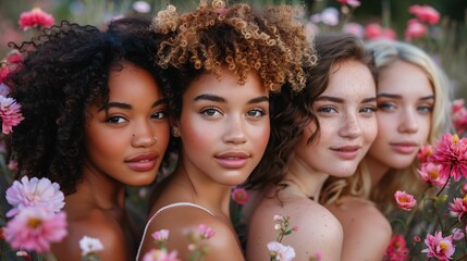 Four Young Women with Freckles Surrounded by Flowers
