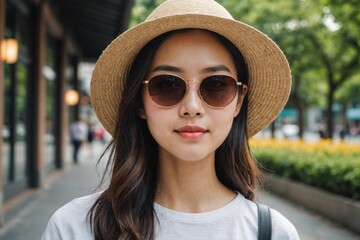 Portrait of young asian Woman in sunglasses and hat