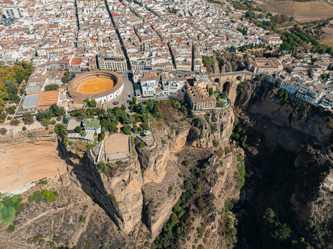 Aerial view of Ronda, an ancient town along the cliff in Spain.