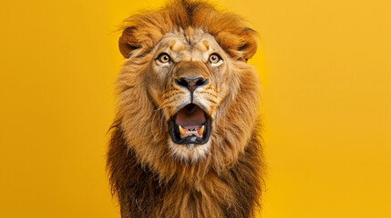 Studio portrait of surprised lion, isolated on yellow background
