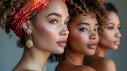 Three Women with Stylish Earrings and Traditional Headwear