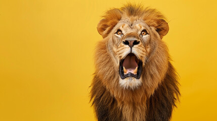 Studio portrait of surprised lion, isolated on yellow background - obrazy, fototapety, plakaty
