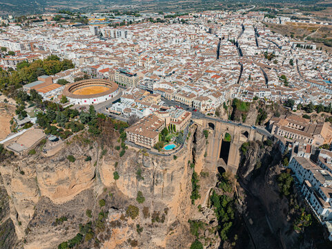 Aerial view of Ronda, an ancient town along the cliff in Spain.