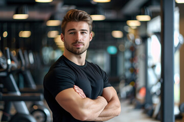 young muscular man trainer in modern gym