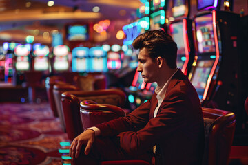 sad man sitting in casino, addiction concept - obrazy, fototapety, plakaty