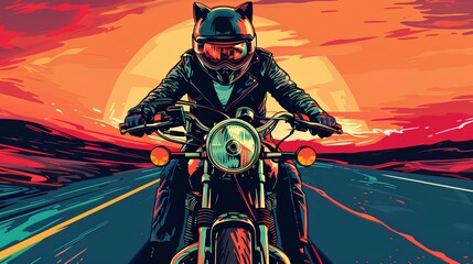 person on a motorcycle on the road  with landscape  - obrazy, fototapety, plakaty