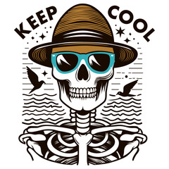 A cartoon of a skull wearing a hat with the word keep cool on it. Typography t-shirt design vector illustration, well organized design shape and smoothly vectorized.
