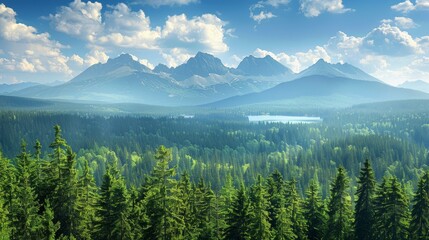 Vibrant early autumn high tatra lake  mountain sunrise and pine forest in nature landscape - obrazy, fototapety, plakaty