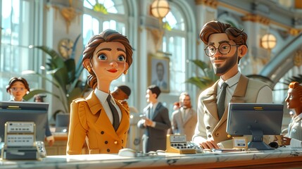 Develop a delightful 3D clay-style render of a bustling bank office with cartoon characters portraying bankers