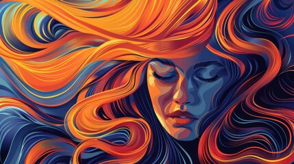 A painting of a beautiful woman with colorful wavy and loose hair with a serenity and elegance colorful concept.