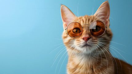 Cute ginger cat wearing glasses on blue background. Copy space.
