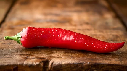Keuken spatwand met foto Red hot chili pepper on rustic wooden table. Selective focus. © Nutchanok