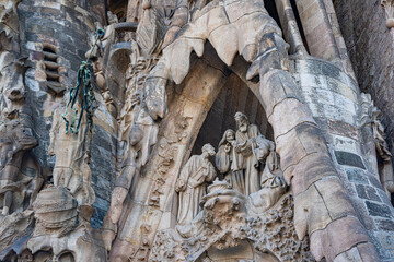 The exterior facade of the Sagrada Familia, in Barcelona, Spain.