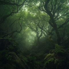 Inside a misty tropical forest with deep spleen trees is very mysterious - obrazy, fototapety, plakaty