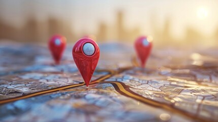 Illustration of 3D realistic map pins marking a destination.