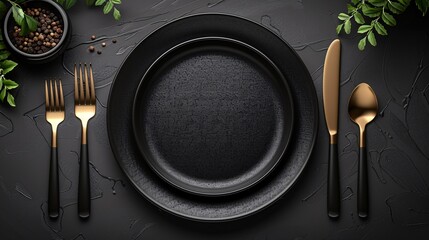 Sleek empty mockup of a dark plate with silverware on top and a blank leaflet on a table, perfect for showcasing food design.