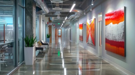 A corporate hallway with contemporary art installations, accent lighting, and motivational quotes on the walls.